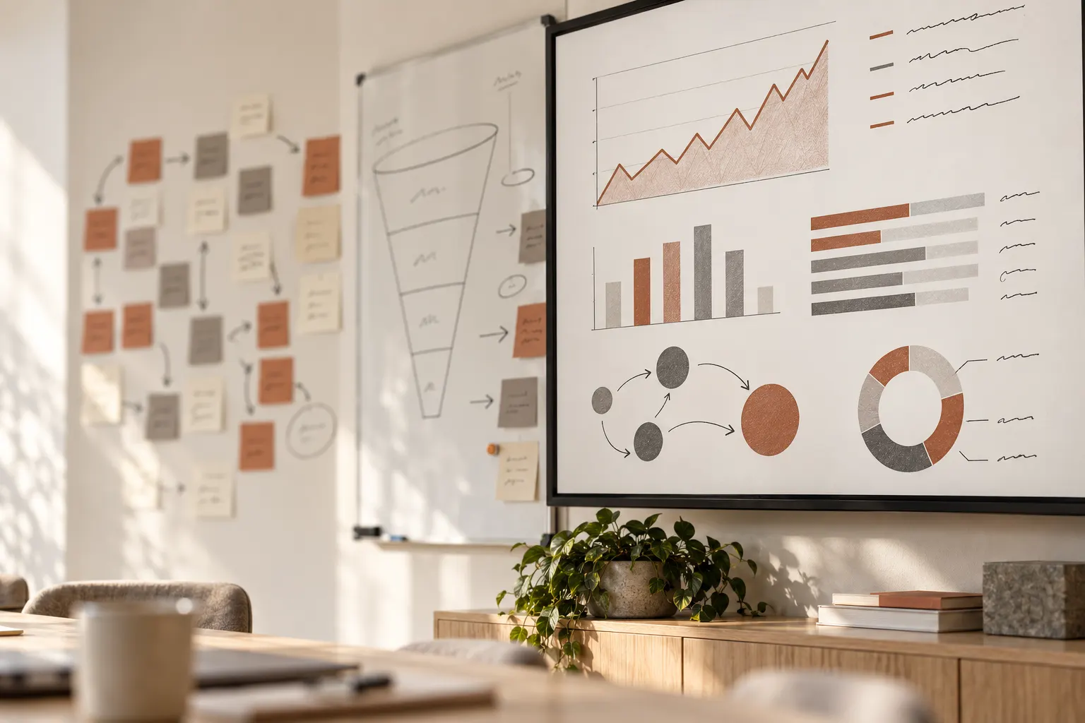 Imagen generada con IA: primer plano de una pantalla con gráficos de datos y un diagrama de flujo en funcionamiento.